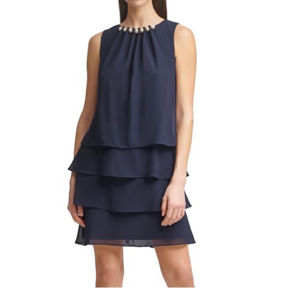 JESSICA HOWARD Womens Navy Tiered Keyhole-back Sleeveless Short Dress